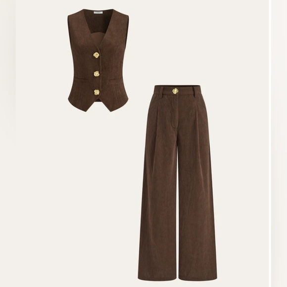 Commense Pants - Corduroy Metal Button Vest & Wide-Leg Pants Set